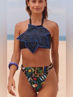 Celendine Anthropologie high-waisted high cut blue bikini bottoms Medium